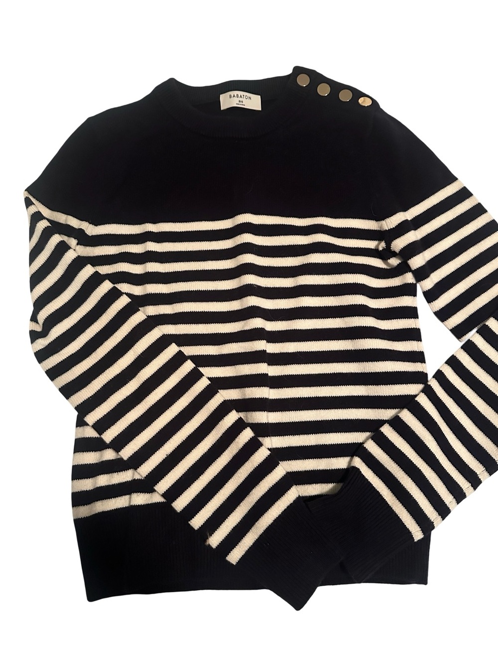 Aritzia Babaton Navy and White Striped Button-Shoulder Sweater